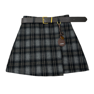 不规则格子毛呢半身裙女