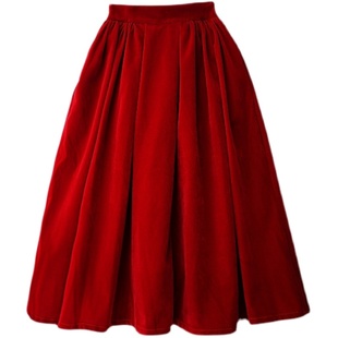 亦克阿瑟秋冬复古法式丝绒伞裙百搭纯色细带高腰中长款半身裙暗红