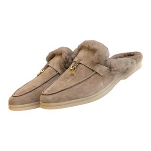 lp原厂加绒秋冬季真皮海狸毛半拖高级感乐福鞋女士外穿保暖毛毛鞋