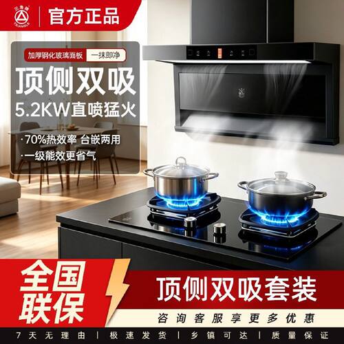 新品组合三角牌高效吸力油烟机5.2KW鸳鸯猛火双灶套装新国标