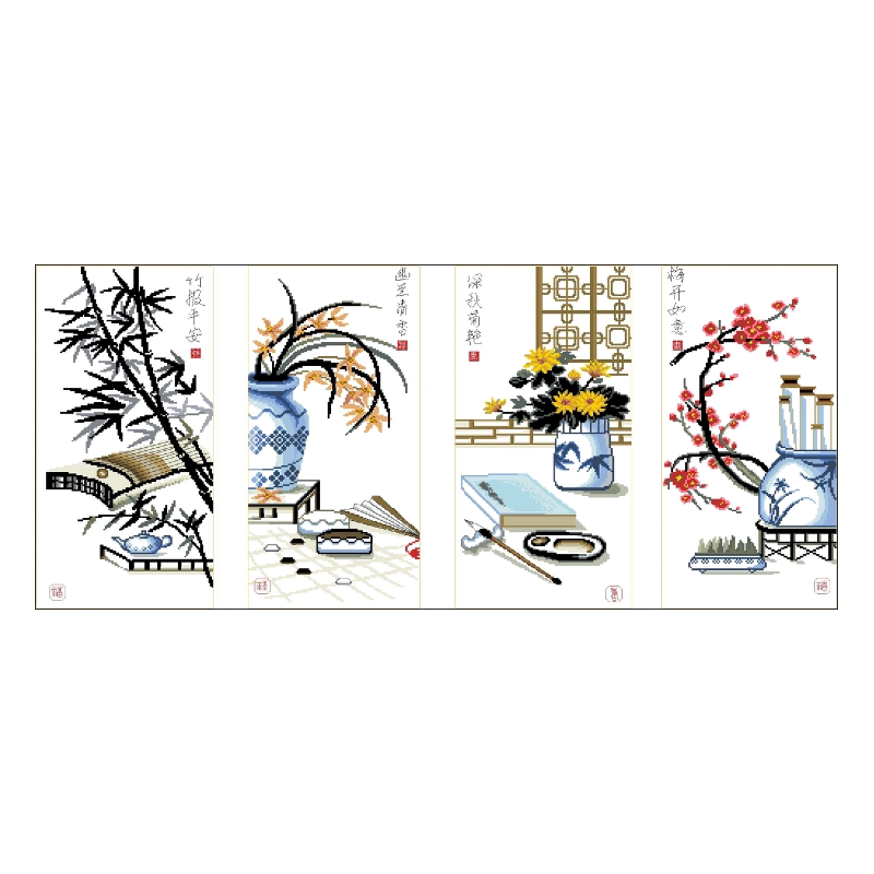 分好线梅兰竹菊十字绣2026新款线绣客厅自己绣简单四君子中式四联