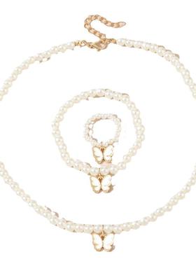 儿童珍珠项链女童六一小孩饰品宝宝珍珠首饰套装蝴蝶结手链天然戒