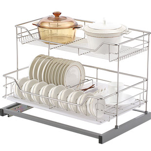 汉高橱柜拉篮开门式碗碟篮置物架不锈钢双层碗架底部安装阻尼连体