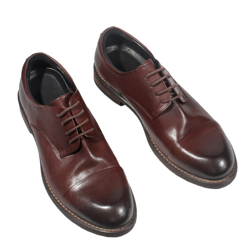 复古水洗马皮三接头商务休闲皮鞋男士圆头真皮底通勤德比鞋固特异