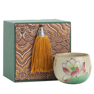 高颜值汝窑荷花主人杯功夫茶具女士专用开片可养茶杯礼盒装