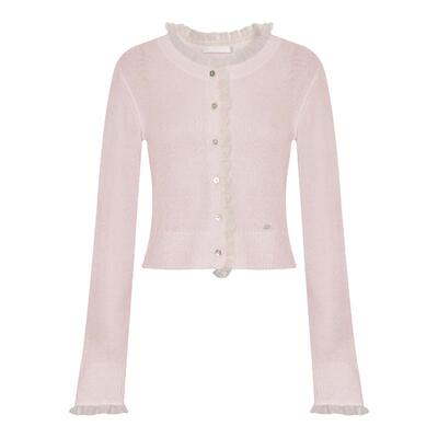 马海毛欧根纱木耳边针织开衫