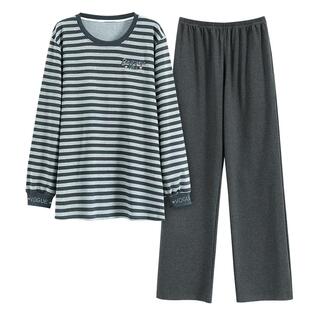 男士德绒保暖睡衣秋冬季长袖休闲条纹套装加绒加厚男青少年家居服