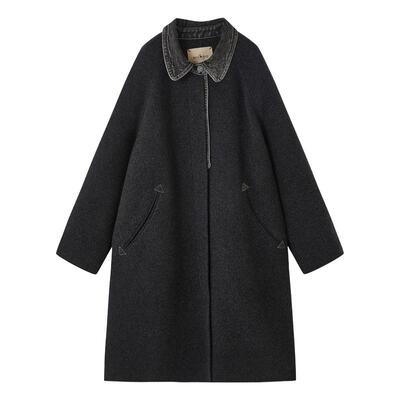谜底大廓形大衣长袖2025冬季新品绵羊毛复古牛仔拼接女254MD1708