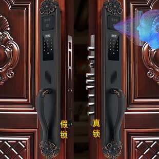 别墅双开门指纹锁监控录像大门铜门智能锁 3D人脸识别全自动欧式