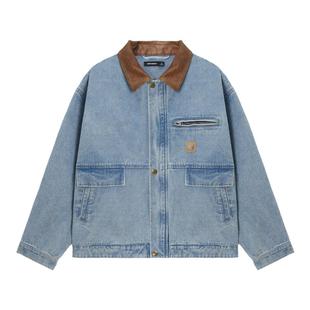 Unvesno (UN)迪丽热巴同款洗褪复古皮领重工浅蓝牛仔夹克外套秋季