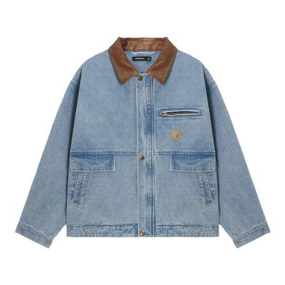 Unvesno (UN)迪丽热巴同款洗褪复古皮领重工浅蓝牛仔夹克外套秋季