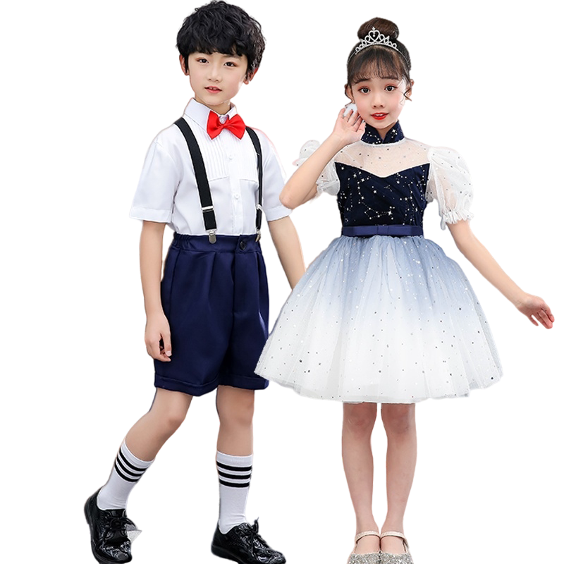 六一儿童诗歌朗诵合唱团表演服男童背带裤女童舞蹈蓬蓬纱裙演出服
