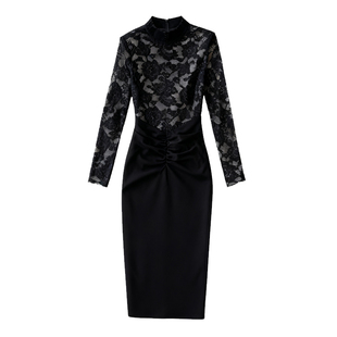 法式蕾丝钩花连衣裙秋冬季气质女人味垂感轻奢拼接显身材包臀裙子