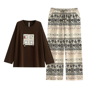 悦内睡衣女款春秋季纯棉长袖家居服大码宽松休闲波西米亚风可外穿