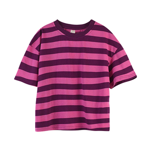 蔡爸爸童装纯棉上衣夏装女大童轻薄宽松条纹t恤衫短袖372+867+637