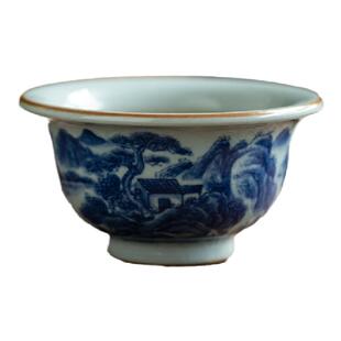 景德镇青花陶泥山水主人杯内画茶碗杯单杯开片釉手绘功夫茶杯