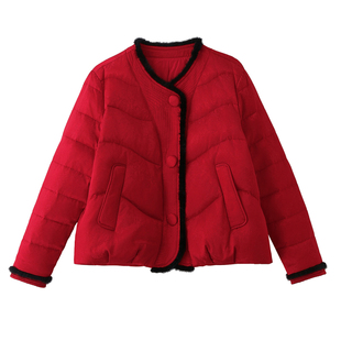 新中式红色短款国风羽绒服女2025冬季新款轻奢高级感洋气立领外套
