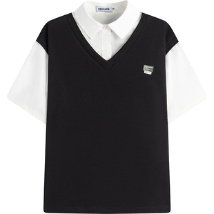 万有引力博物馆假两件针织背心短袖衬衫女夏季设计感宽松叠穿上衣