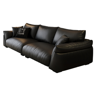 法莎蒂真皮沙发意式轻奢家用黑色简约直排一字型贵妃位大坐深