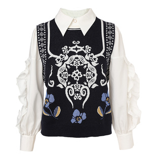 Goodland美地深蓝衬衫领拼接假两件针织衫上衣女LC64306010