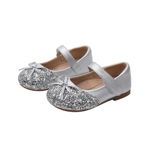 闪亮女童皮鞋2026春秋季爱莎水晶银色儿童演出鞋时尚表演宝宝鞋子