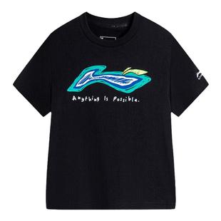 李宁儿童短袖t恤2026新款男童女大童纯棉运动夏装黑色宽松薄半袖