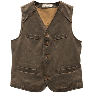 SOARIN复古美式西部风皮马甲男阿美咔叽做旧工装痞帅机车马夹背心