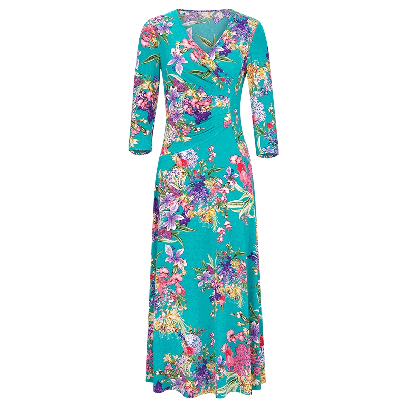 马天奴2025夏季新款蓝绿印花连衣裙子V领修身长裙法式气质时尚女