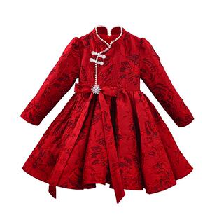 女童连衣裙2025新款冬儿童公主裙拜年服汉服红色新年衣服裙子冬装