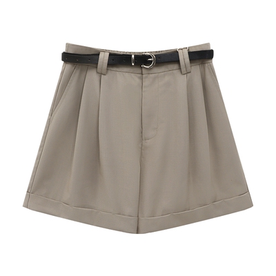 Basic House/百家好卡其色卷边西装短裤女夏显瘦高腰a字阔腿裤子