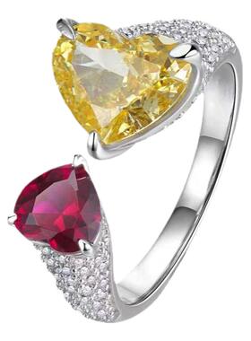 莫桑石红黄双宝石爱心开口戒指