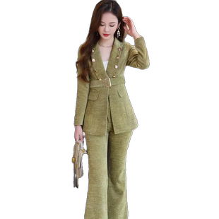 高级感绒面职业装西装套装女冬装新款气质外套微喇叭裤时尚两件套