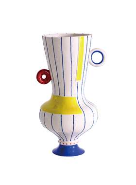 一匚上釉手绘条纹陶瓷双耳花器