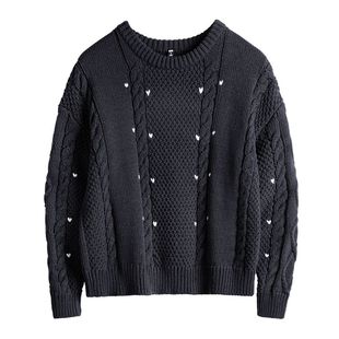 马登蓝色圆领宽松加厚保暖套头外穿粗麻花毛线针织上毛衣女士秋冬