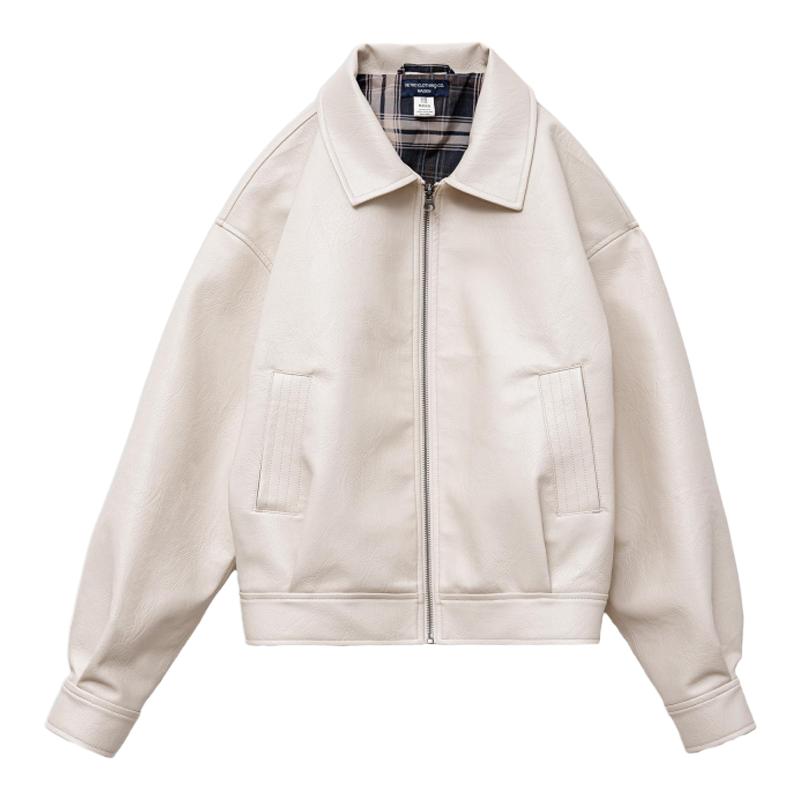 马登贝果复古风米白色皮衣外套港风机车短夹克小个子上衣褂子秋女