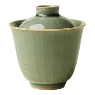 束刻越窑青瓷功夫茶具二才盖碗茶杯单个高档家用泡茶碗防烫手茶碗