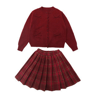 女童复古红色毛衣开衫2026新款儿童好看红色毛衣半身裙休闲两件套