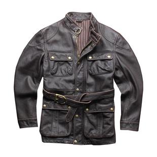 英伦复古真皮皮衣男中长款风衣做旧头层牛皮夹克腰带款多口袋猎装