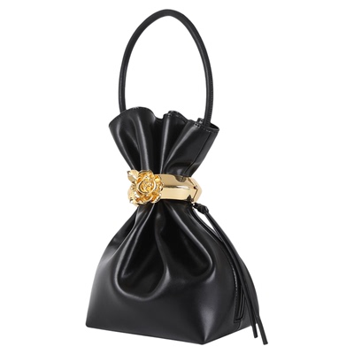 CNLEEWEI26早春小众设计玫瑰花金属环扣真皮捏褶手拎包