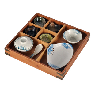 日式创意多格餐具木质陶瓷组合餐盘餐厅用六宫格木盒子分格多用