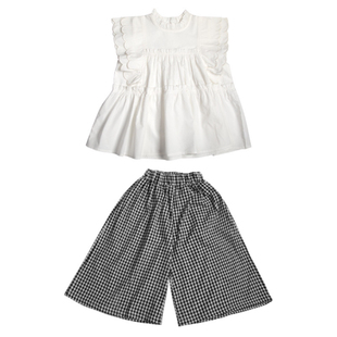 米素童装2023春夏新款韩版女童白色花边荷叶边衬衫格子裤儿童套装