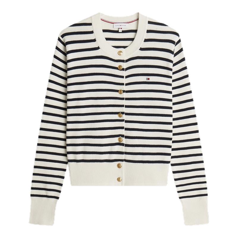 Tommy女装条纹金扣圆领针织开衫