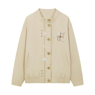 BIPOLAR花朵刺绣针法复古夹克外套休闲巴恩风宽松卡其色上衣春秋