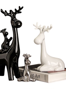 一家四口鹿景德镇陶瓷摆件套装现代轻奢风家居客厅酒柜书柜装饰品