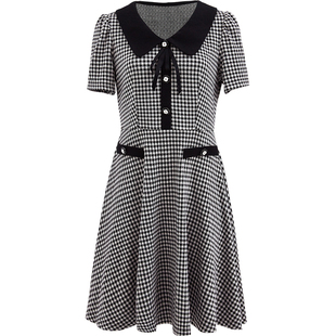 槿司 格子连衣裙新款女夏季娃娃领修身收腰蝴蝶结a字复古裙子