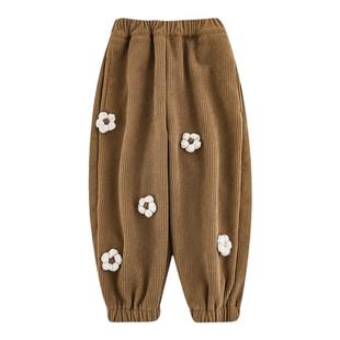 幼悠女童加绒加厚复古灯笼裤2025冬季手缝毛线花朵防风保暖萝卜裤