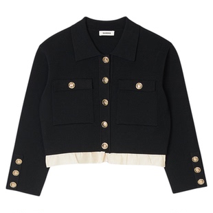 SANDRO秋冬女装法式气质时尚黑色撞色木耳边假两件短款针织外套