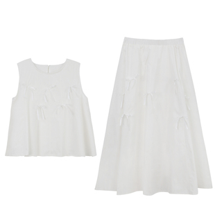 sieyiu 立体蝴蝶结无袖背心套装高腰a字伞裙半身长裙气质两件套夏