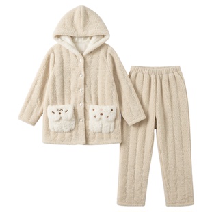 香蜜闺秀加厚开扣方领连帽25403082女士可爱优雅夹棉长袖套装甜美