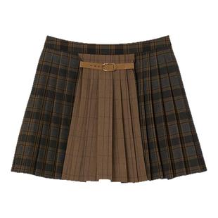 季末7折SANDRO2025秋冬新款女装法式学院风格纹皮扣百褶半身裙